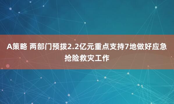 A策略 两部门预拨2.2亿元重点支持7地做好应急抢险救灾工作